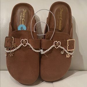 Juicy Couture Brown Mules with Gold and Pearl Details Size 6